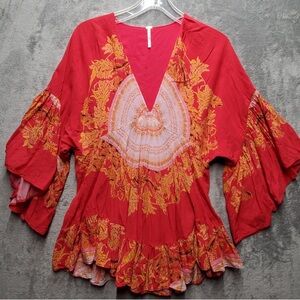 Free People Top Womens XSmall Red Medallion Print Blouse Flutter Sleeves